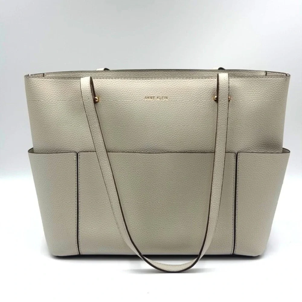 Anne Klein Women Cream Pebbled Faux Leather Zip Top Tote Bag Gold Hardware